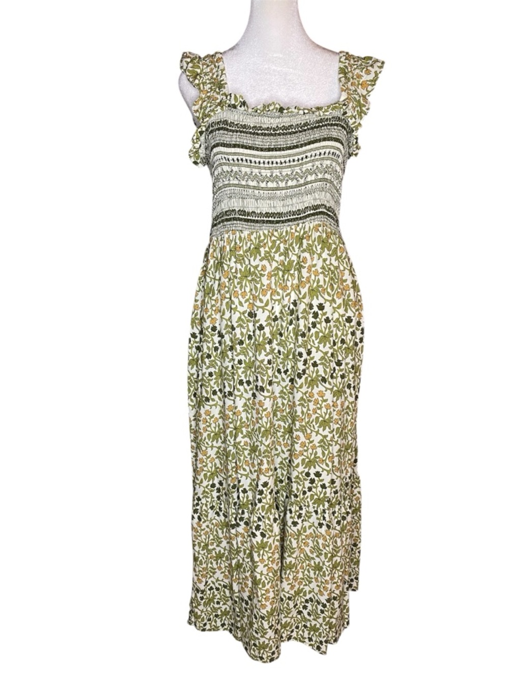 Harlow & Rose Smocked Ruffle Strap Floral Maxi Dress in Olive Green - Size L
